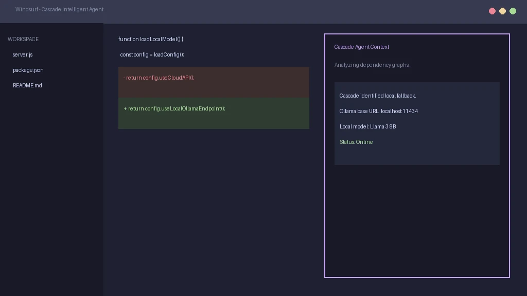 Code editor interface displaying Windsurf Cascade agent sidebar