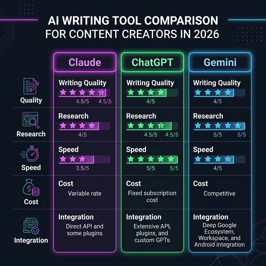 Comparison infographic showing Claude, ChatGPT, and Gemini scoring across writing metrics for content creators in 2026