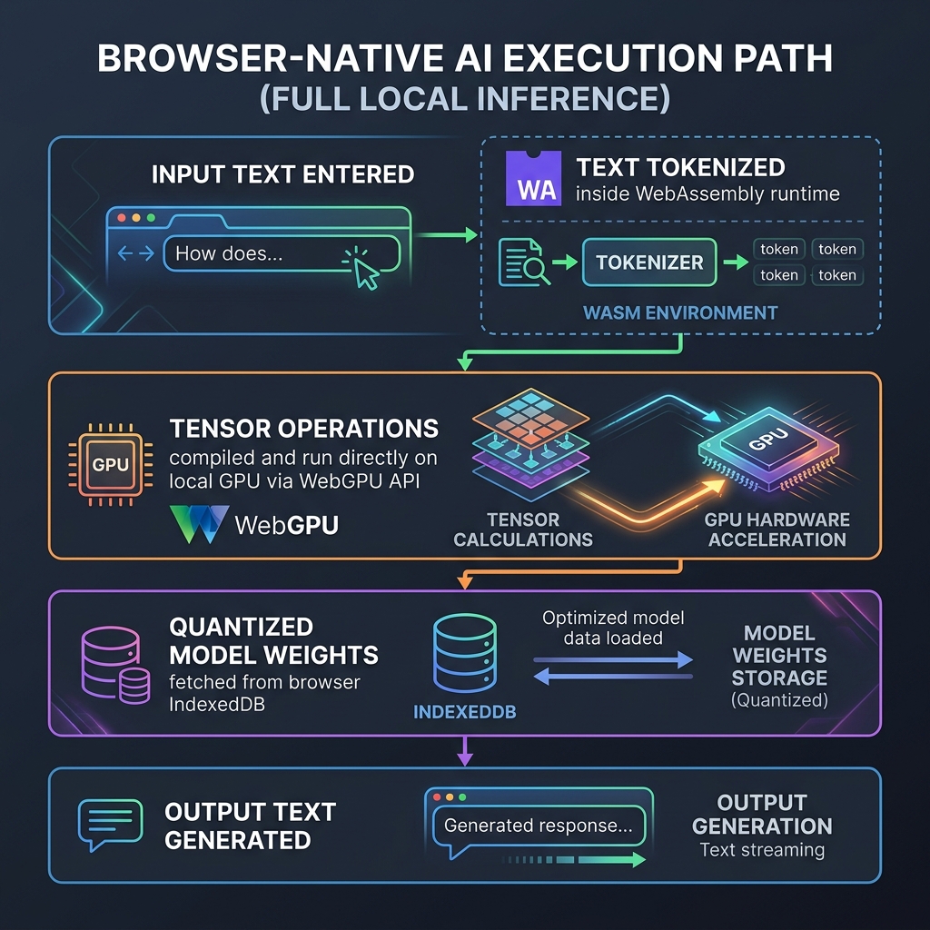 Execution path: Input -> Tokenizer (WASM) -> GPU Tensors (WebGPU) -> Local Weights (IndexedDB) -> Output