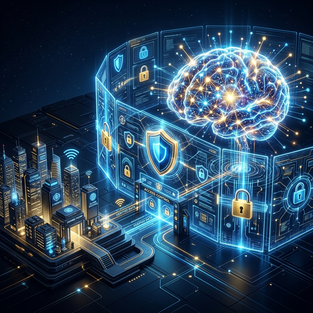 AI neural network behind translucent government security shield with access control gates and vetted corporate organizations