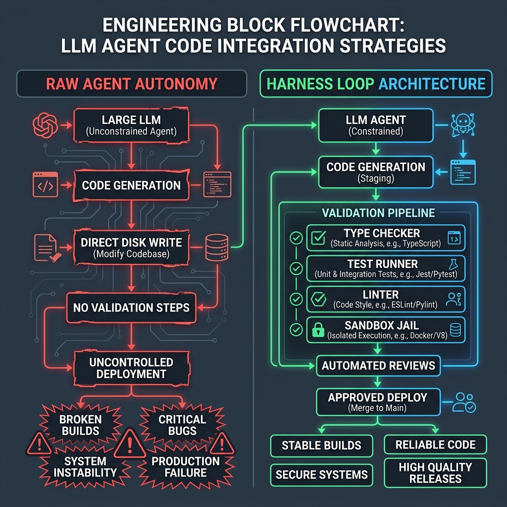 Comparison flowchart between raw agentic disk writes and harness loop validation pipelines