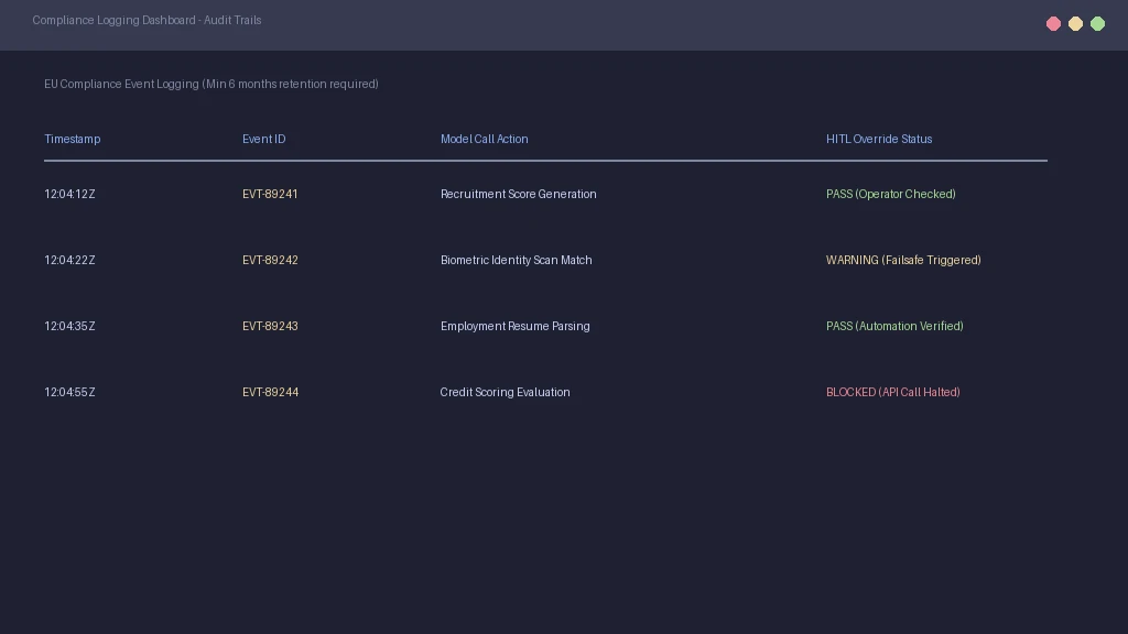 Compliance log screen showing system audit trails for AI decisions