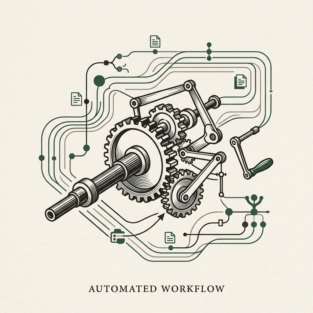 An abstract vector etching representing workflow automation and mechanical gears