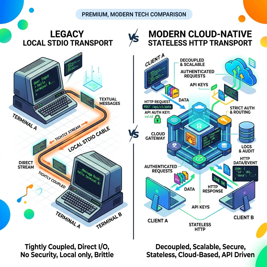 Stdio vs HTTP-native stateless MCP architectures diagram