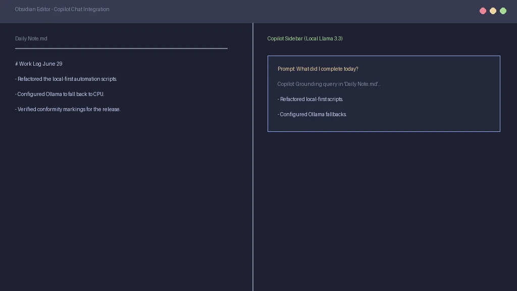 Obsidian chat sidebar running Copilot plugin connected to Ollama
