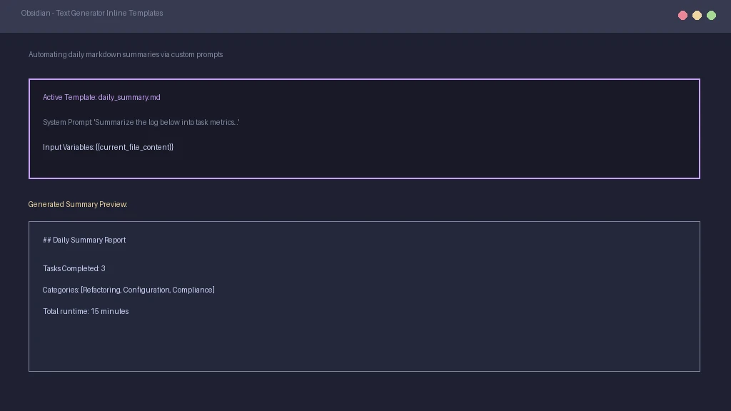 Obsidian editor displaying Text Generator template expansion prompt