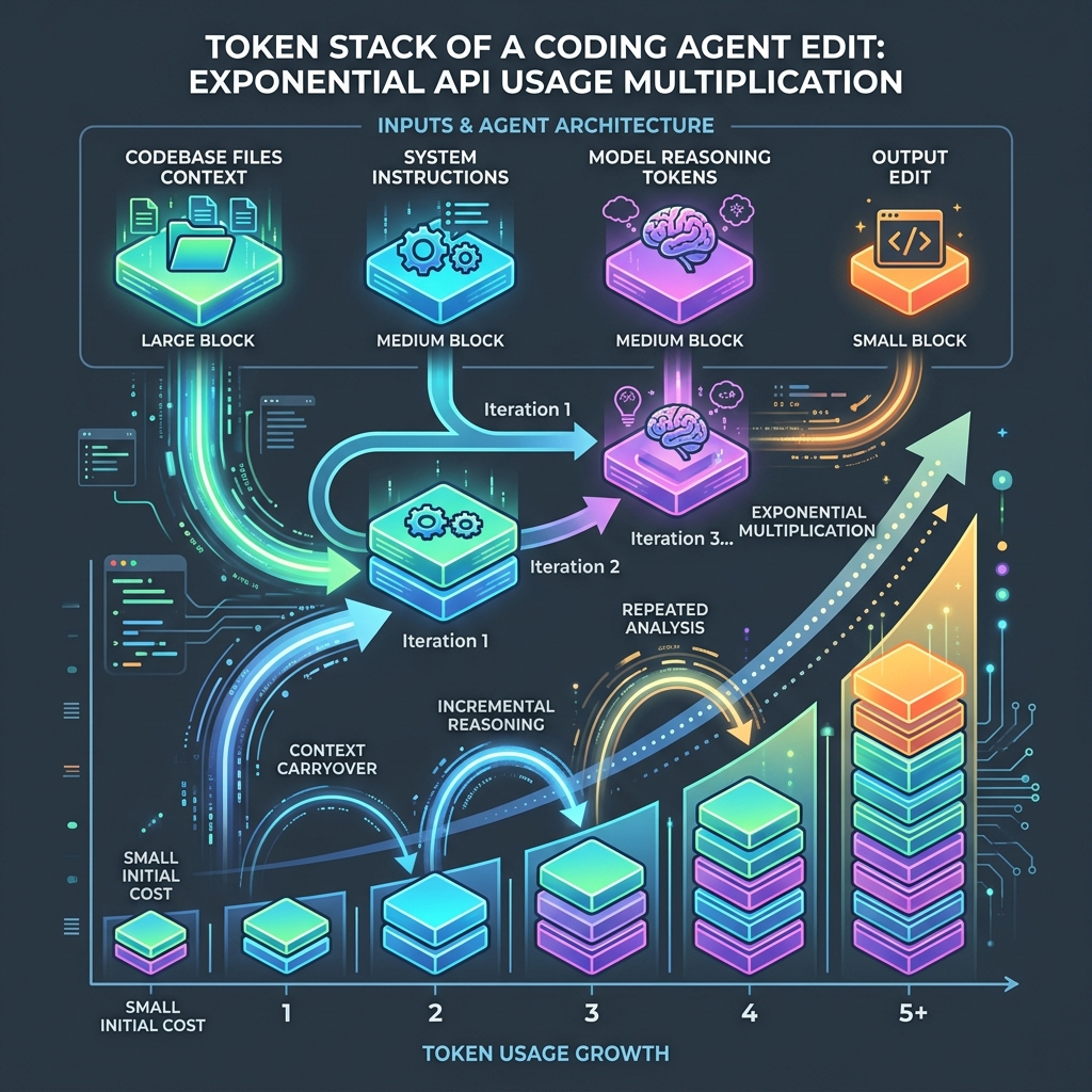 Infographic showing how codebase files, prompt instructions, and reasoning cycles compound in a loop to multiply token costs